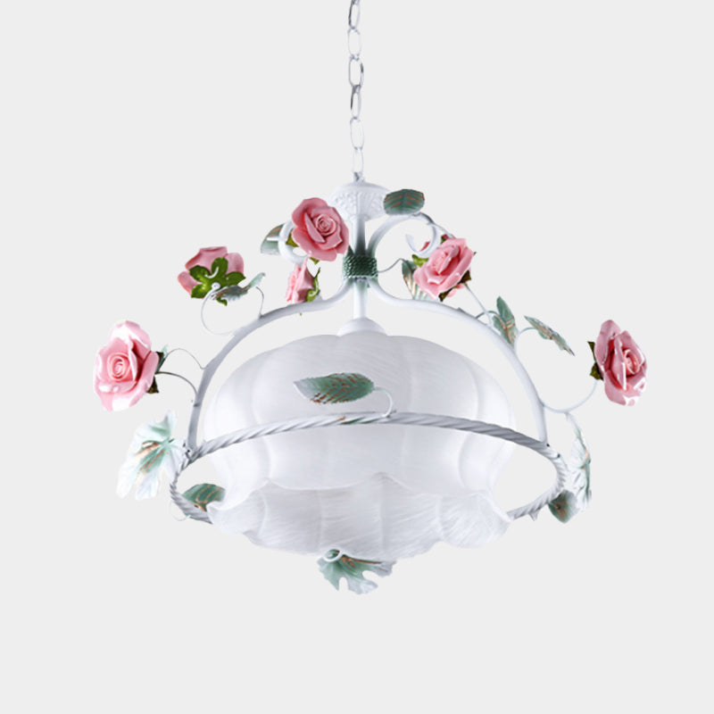 Pastoral Flower White Glass Led Pendant Light For Restaurants - Bulb Suspension Lamp