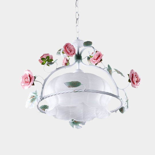 Pastoral Flower White Glass Led Pendant Light For Restaurants - Bulb Suspension Lamp