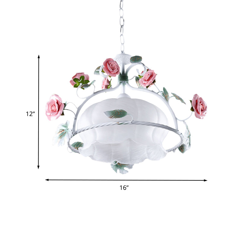 Pastoral Flower White Glass Led Pendant Light For Restaurants - Bulb Suspension Lamp