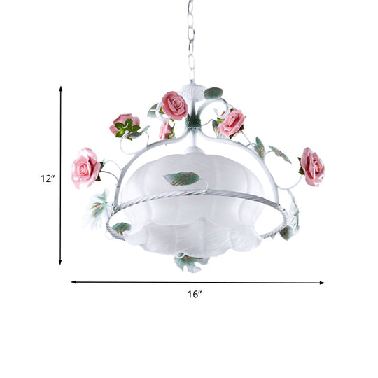 Pastoral Flower White Glass Led Pendant Light For Restaurants - Bulb Suspension Lamp