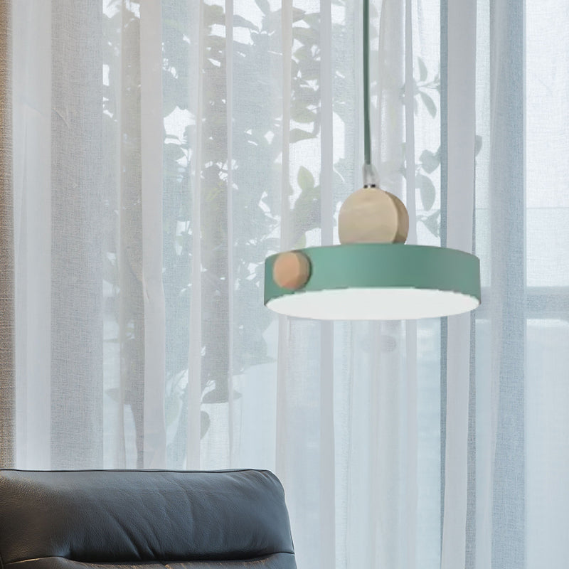 Minimalist Metal Drum Pendant Ceiling Light With 1 Hanging Lamp In Green - Ideal For Dining Room