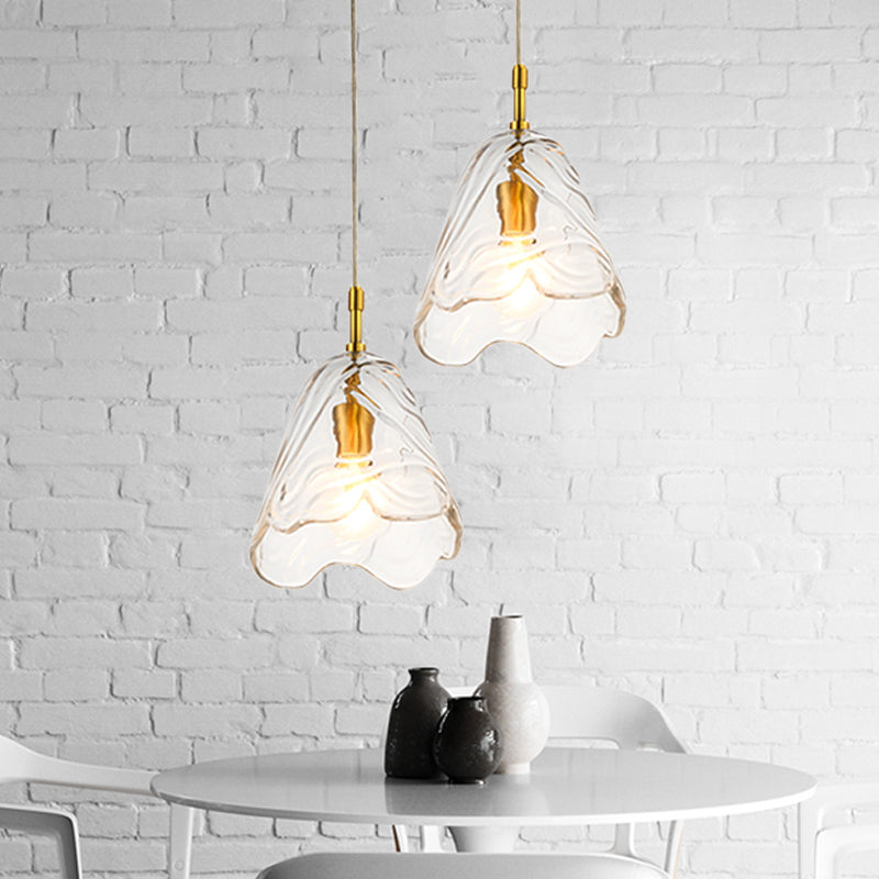 Modern Scalloped Glass Pendant Lamp In Clear/Blue With Brass Finish - Perfect For Open Kitchen