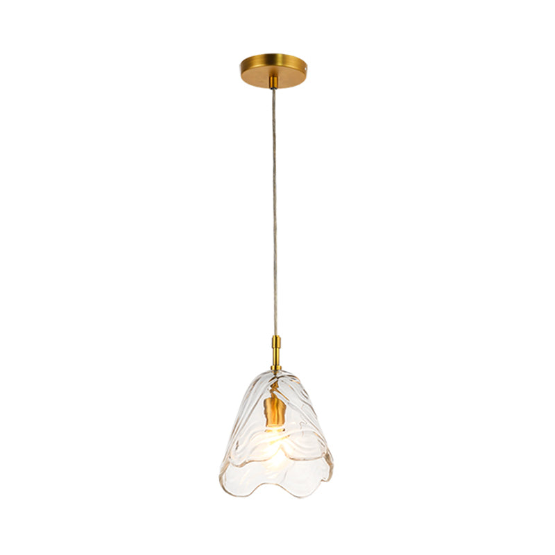 Modernist Clear/Blue Ripple Glass Ceiling Pendant Lamp with Scalloped Design and Brass Finish