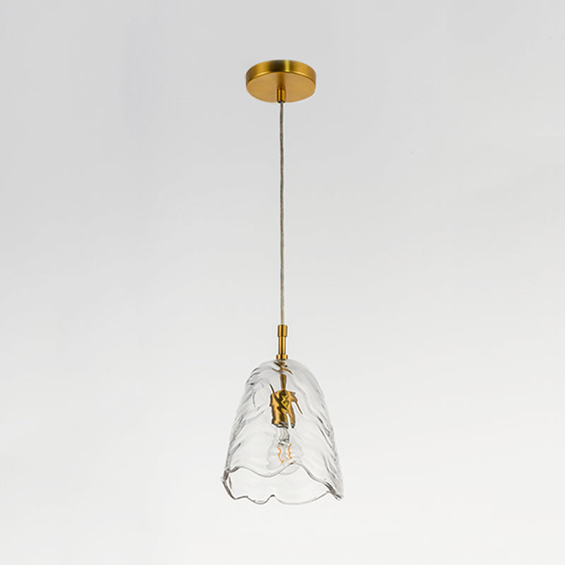 Modernist Clear/Blue Ripple Glass Ceiling Pendant Lamp with Scalloped Design and Brass Finish