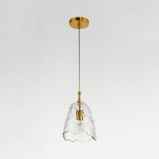 Modern Scalloped Glass Pendant Lamp In Clear/Blue With Brass Finish - Perfect For Open Kitchen