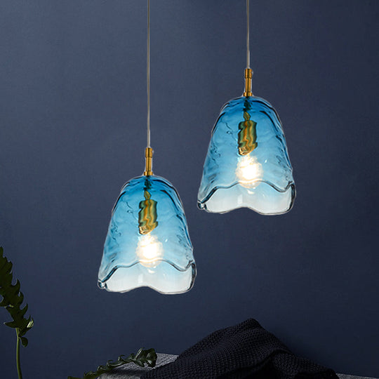 Modern Scalloped Glass Pendant Lamp In Clear/Blue With Brass Finish - Perfect For Open Kitchen