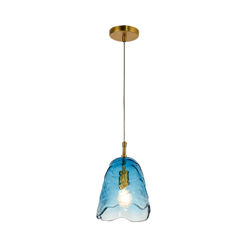 Modernist Clear/Blue Ripple Glass Ceiling Pendant Lamp with Scalloped Design and Brass Finish