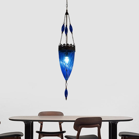 Blue Cyclone Glass Hanging Lamp: Mid Century Conical Pendant Light with Copper Top for Bedroom Suspension