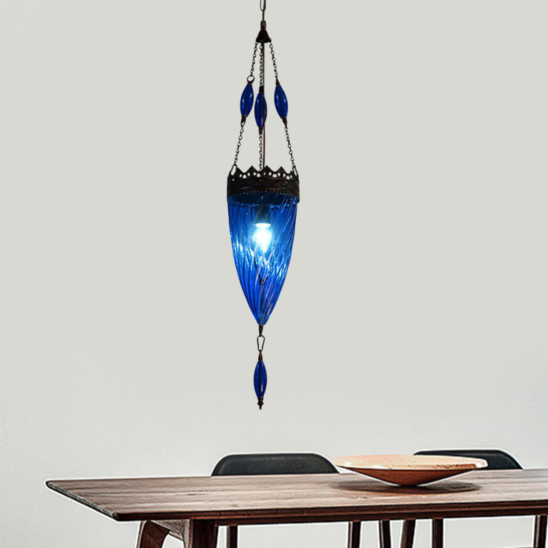 Blue Cyclone Glass Hanging Lamp: Mid Century Conical Pendant Light with Copper Top for Bedroom Suspension