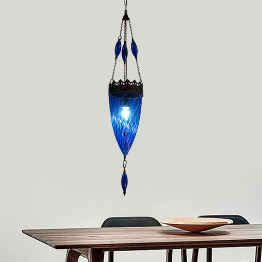 Blue Cyclone Glass Hanging Lamp: Mid Century Conical Pendant Light with Copper Top for Bedroom Suspension