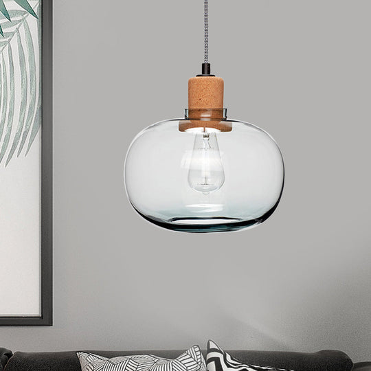 Modern 1-Head Wood Pendant Light Kit with Clear Belly Glass Pot, Cork Accent - Hanging Lighting Fixture