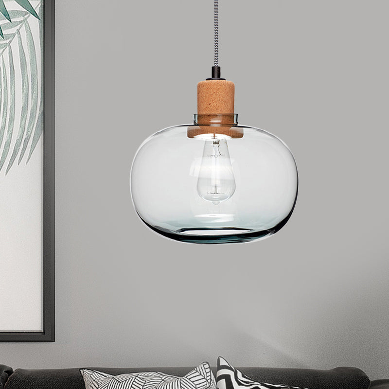 Modern Clear Glass Pot Pendant Light Kit With Wood Hanging Fixture And Cork Accent