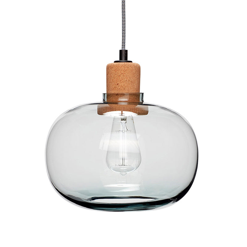 Modern Clear Glass Pot Pendant Light Kit With Wood Hanging Fixture And Cork Accent