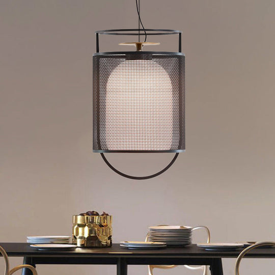 Modern Black Half Capsule Drop Pendant Ceiling Light With Single Milk Glass Shade And Mesh Screen