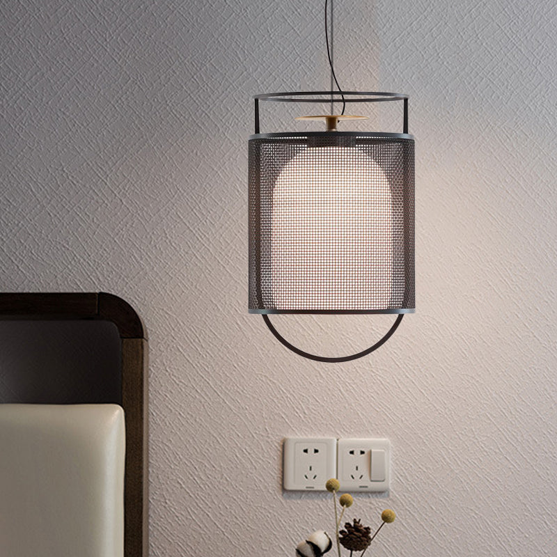 Modern Black Half Capsule Drop Pendant Ceiling Light With Single Milk Glass Shade And Mesh Screen