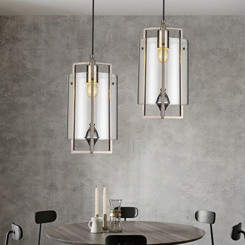 Lampe de table à manger à suspension moderne en verre gris/transparent/beige à 1 ampoule avec cadre en nickel