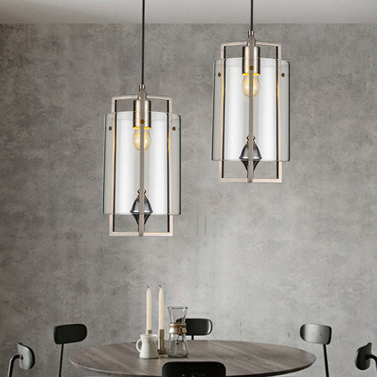 Lampe de table à manger à suspension moderne en verre gris/transparent/beige à 1 ampoule avec cadre en nickel