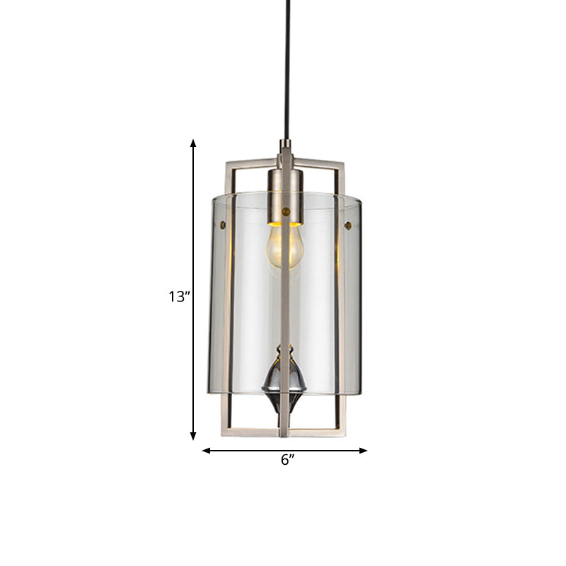Lampe de table à manger à suspension moderne en verre gris/transparent/beige à 1 ampoule avec cadre en nickel