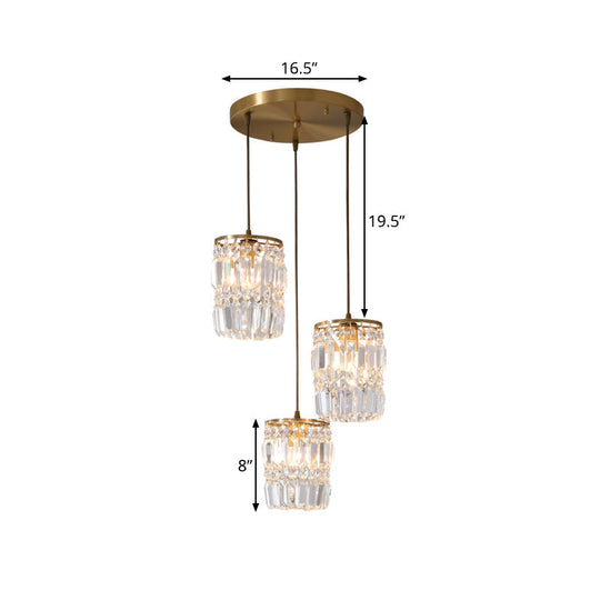 Modern Prismatic Crystal Hanging Light with 2 Layers, 3 Lights, Gold Pendant Design - Linear/Round Canopy Included