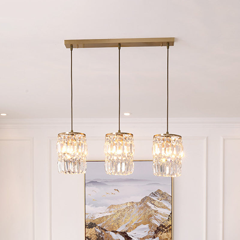 Modern Prismatic Crystal Hanging Light with 2 Layers, 3 Lights, Gold Pendant Design - Linear/Round Canopy Included
