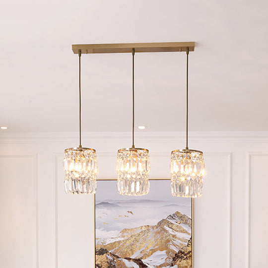 Modern Prismatic Crystal Hanging Light with 2 Layers, 3 Lights, Gold Pendant Design - Linear/Round Canopy Included