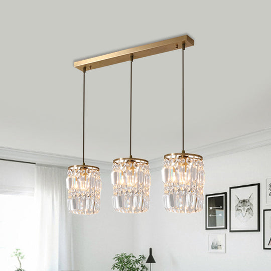 Modern Prismatic Crystal Hanging Light with 2 Layers, 3 Lights, Gold Pendant Design - Linear/Round Canopy Included