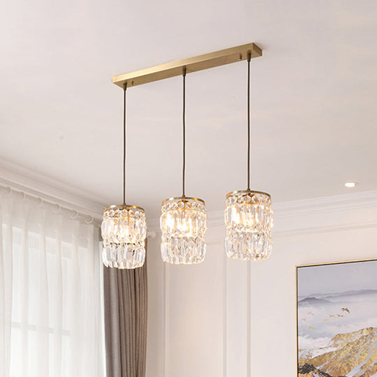 Modern Prismatic Crystal Hanging Light with 2 Layers, 3 Lights, Gold Pendant Design - Linear/Round Canopy Included