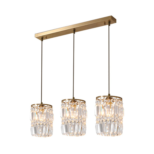 Modern Prismatic Crystal Hanging Light with 2 Layers, 3 Lights, Gold Pendant Design - Linear/Round Canopy Included