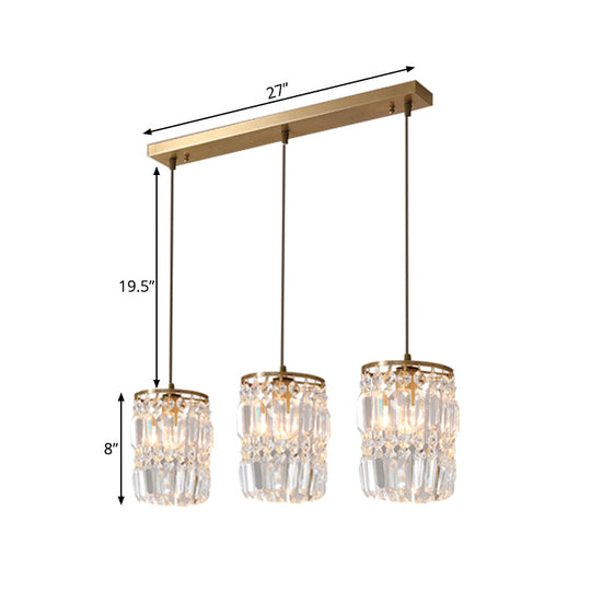 Modern Prismatic Crystal Hanging Light with 2 Layers, 3 Lights, Gold Pendant Design - Linear/Round Canopy Included