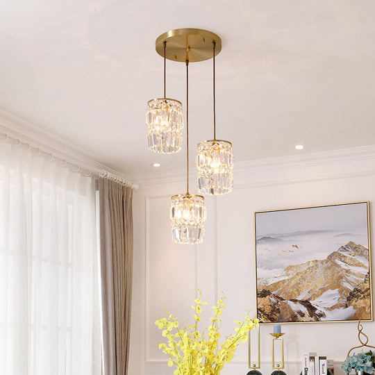 Modern Prismatic Crystal Hanging Light with 2 Layers, 3 Lights, Gold Pendant Design - Linear/Round Canopy Included