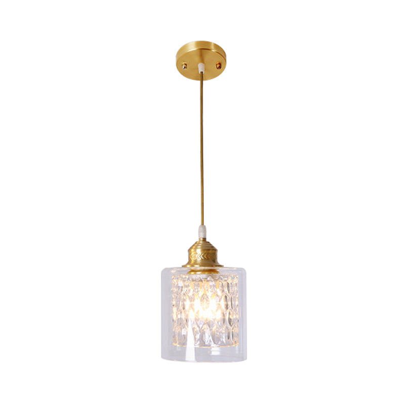 Contemporary Brass Cylinder Pendant Light with Double Clear Glass Shade