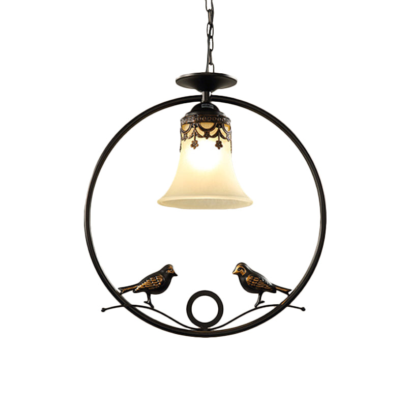 Round Pendant Lighting Fixture - Classical Black Metal With Bell Shade And Bird Accent