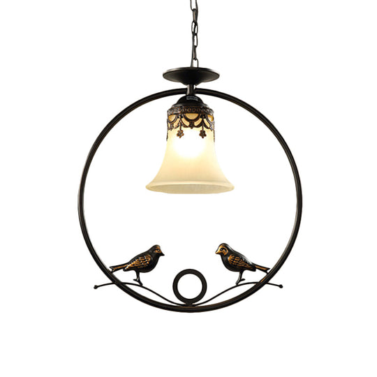 Round Pendant Lighting Fixture - Classical Black Metal With Bell Shade And Bird Accent