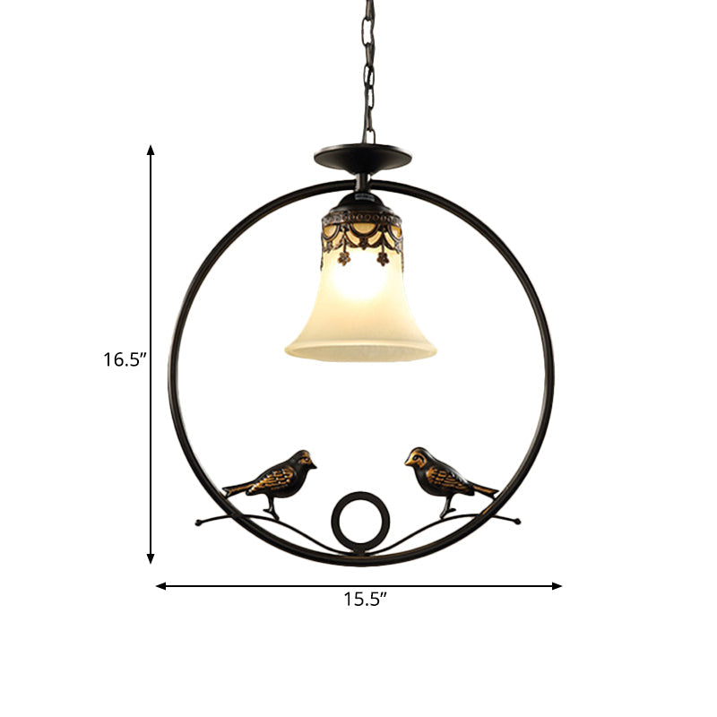 Round Pendant Lighting Fixture - Classical Black Metal With Bell Shade And Bird Accent