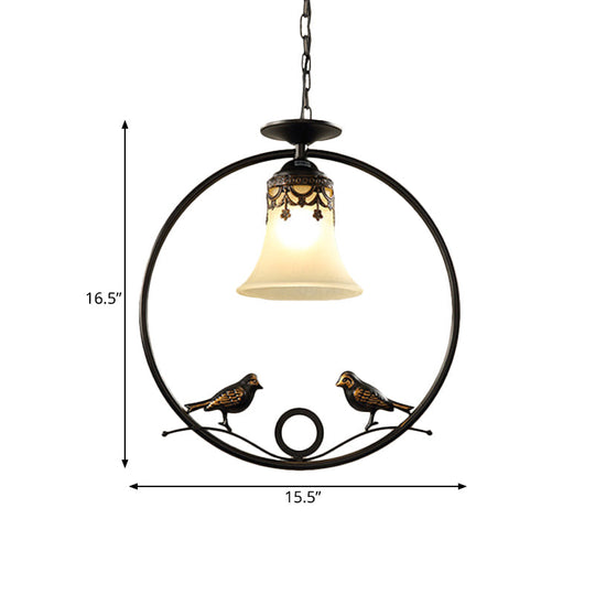Round Pendant Lighting Fixture - Classical Black Metal With Bell Shade And Bird Accent