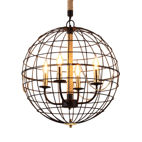 Traditional Black Metal Pendant Chandelier With Globe Cage - 3/4 Lights Ideal For Living Room