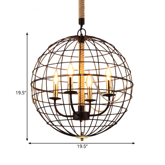 Traditional Black Metal Pendant Chandelier With Globe Cage - 3/4 Lights Ideal For Living Room