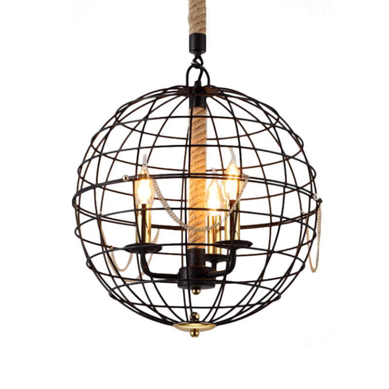 Traditional Black Metal Pendant Chandelier With Globe Cage - 3/4 Lights Ideal For Living Room