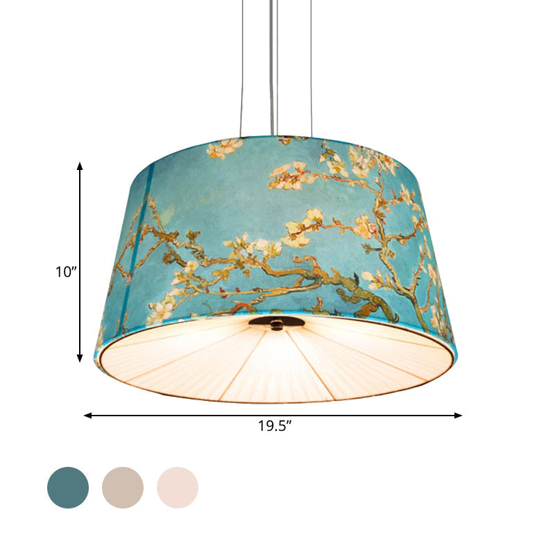 Nordic Apricot Design Drum Chandelier - 4 Light Pendant For Living Room In White/Blue/Beige Fabric