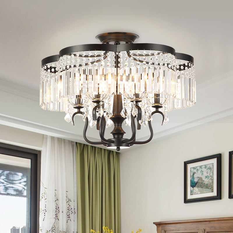 Transitional Iron Floral Frame Semi Flush Chandelier 4/6-Light Ceiling Lamp With Crystal Cascade