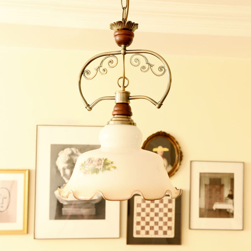 Traditional Glass Pendant Light With Scalloped Edge - White Barn Suspension Fixture