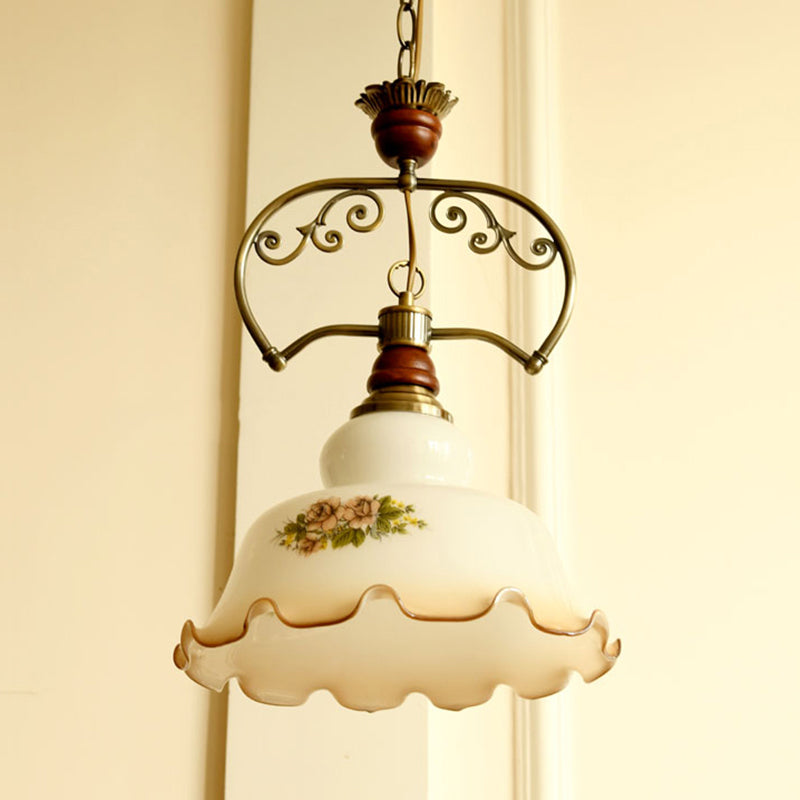 Traditional Glass Pendant Light With Scalloped Edge - White Barn Suspension Fixture