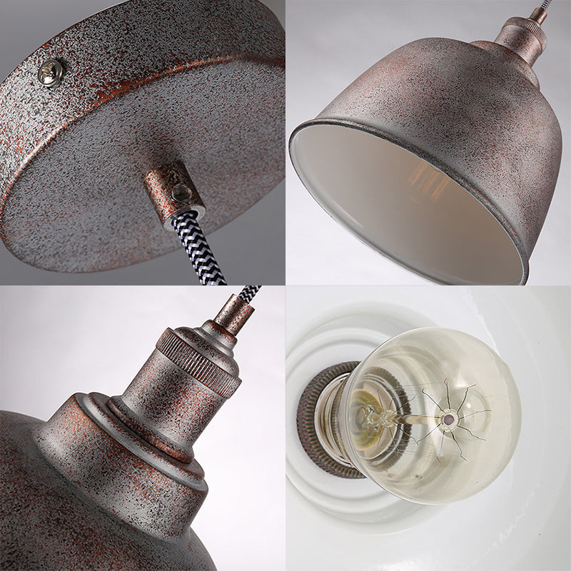 Vintage Rust/White Bucket Pendant Lamp: Adjustable Cord, Indoor Hanging Light