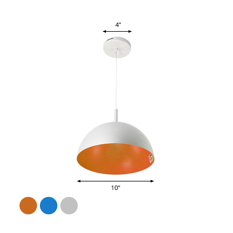 Plafonnier suspendu en forme de dôme en métal au design simple - 1 luminaire orange/bleu/chrome pour salle à manger, 10"/16" de large
