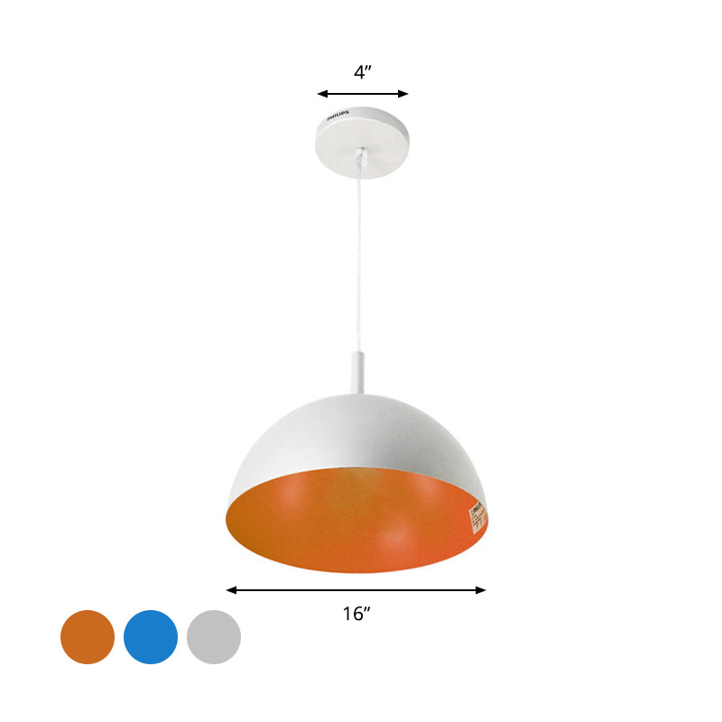 Plafonnier suspendu en forme de dôme en métal au design simple - 1 luminaire orange/bleu/chrome pour salle à manger, 10"/16" de large