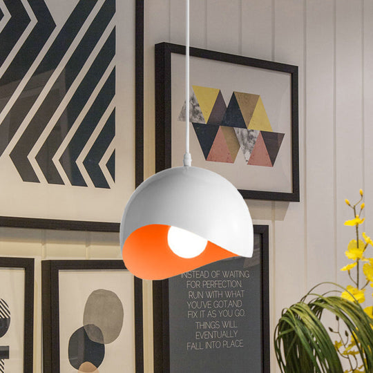 Modern Metal Dome Ceiling Light With Adjustable Height - Inner Pink/Yellow 1-Bulb Fixture 8/12 Width