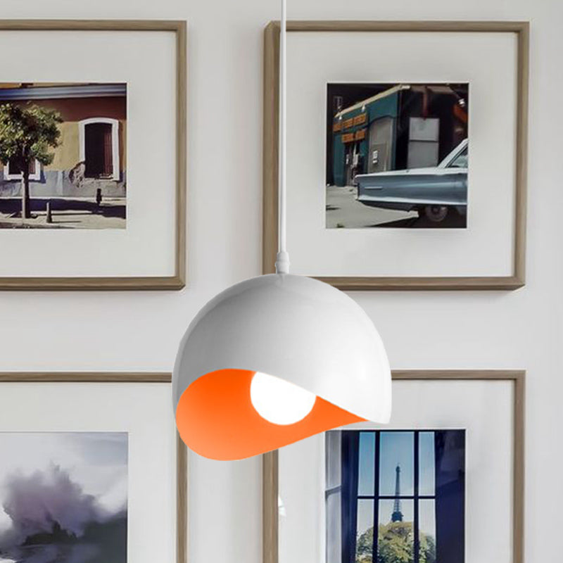 Modern Metal Dome Ceiling Light with Adjustable Height - 1 Bulb, Inner Pink/Yellow - 8"/12" W