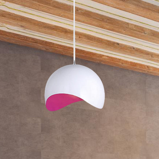 Modern Metal Dome Ceiling Light With Adjustable Height - Inner Pink/Yellow 1-Bulb Fixture 8/12 Width