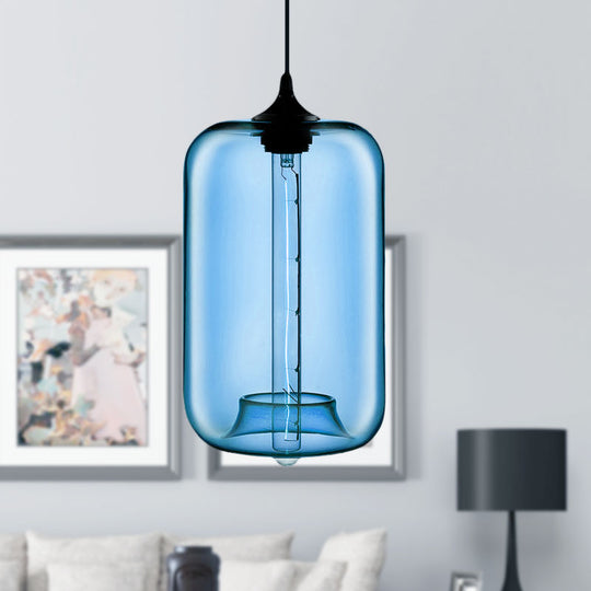 Contemporary Cylinder Glass Hanging Lamp - 1 Light, Red/Brown/Blue Ceiling Light