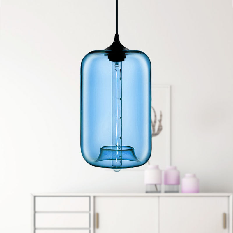 Contemporary 1-Light Hanging Lamp With Cylinder Glass Shade - Red/Brown/Blue Ceiling Light